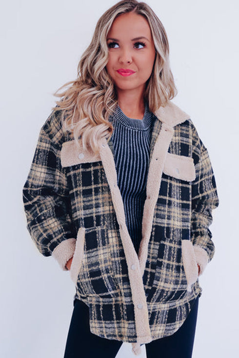 Multicolor Plaid Contrast Sherpa Flap Pocket Snap Button Shacket